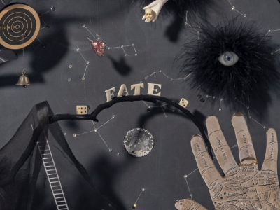Mixed media collage in black featuring symbols and the word "FATE."